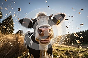 Close-up portrait of surprised cow on the pasture. Funny animal photo. Surprise expression and opened mouth