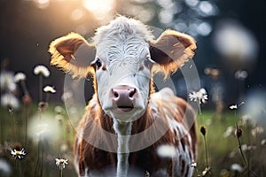 Close-up portrait of surprised cow on the pasture. Funny animal photo. Surprise expression and opened mouth