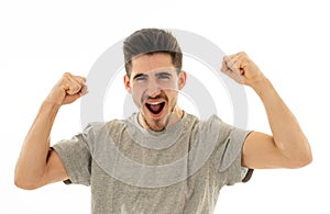 Close up portrait of surprised and happy man celebrating victory and wining lottery photo