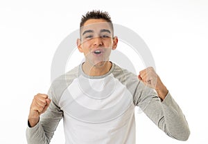 Close up portrait of surprised and happy man celebrating victory and wining lottery photo