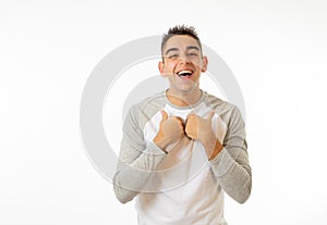 Close up portrait of surprised and happy man celebrating victory and wining lottery photo