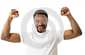 Close up portrait of surprised and happy man celebrating victory and wining team or lottery