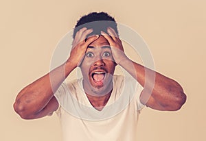 Close up portrait of surprised and happy man celebrating victory and wining team or lottery