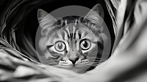 Close-up Portrait Of A Tabby Cat Peeking Out Of A Tube