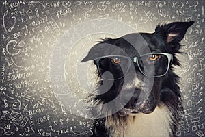 Close up portrait of thoughtful dog wearing glasses. Purebred Border Collie nerd over grey background solving hard mathematics