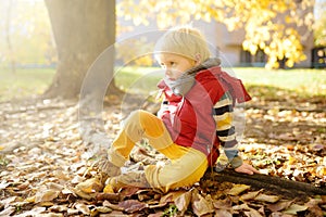 Close up portrait of thoughtful little boy during stroll in the forest at sunny autumn day