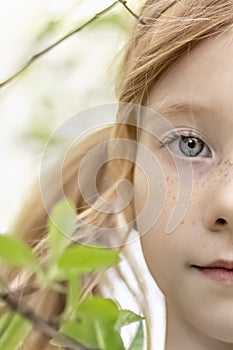 Close-up portrait of a toddler girl with red hair in front of a cherry blossom. Spring