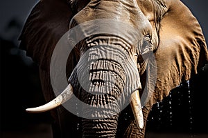 Close up portrait tusker quenching thirst, displaying grandeur with impressive tusks