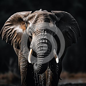 Close up portrait tusker quenching thirst, displaying grandeur with impressive tusks