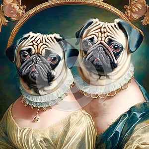 A close-up portrait of two anthropomorphic pug girls in ball gowns. Funny design for children and adults in the style of classic