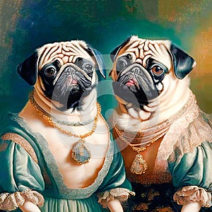 A close-up portrait of two anthropomorphic pug girls in ball gowns. Funny design for children and adults in the style of classic