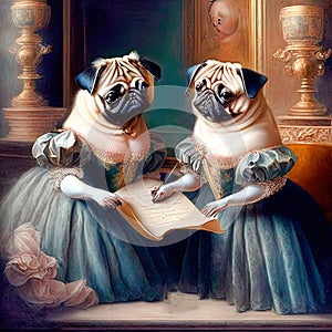 A close-up portrait of two anthropomorphic pug girls in ball gowns writing poetry. Funny design for children and adults in the