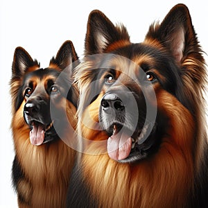 A close-up portrait of two German Shepherds, showcasing their detailed fur and expressive faces. The dogs are looking