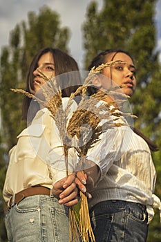 Close-up portrait of two girls. Protecting same-sex relationships. Feminism. Struggle for women`s rights