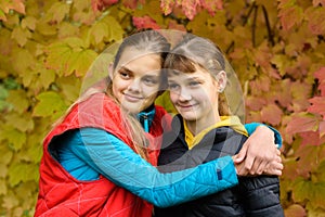 Close-up portrait of two girls of Slavic appearance in casual autumn clothes against the backdrop of an autumn forest