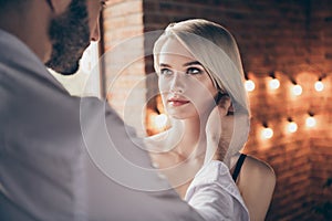 Close-up portrait of two person nice-looking sweet stunning shine gorgeous attractive lovely lady having affair with guy