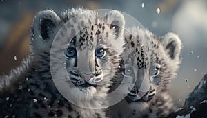 Close-up portrait of two snow leopard cubs looking at camera