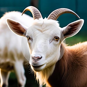 Close-up portrait of a white and brown goat. Generative AI