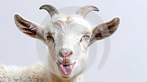 close-up portrait of a white goat sticking out its tongue, isolated on white