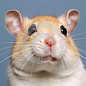 Close-up portrait of a white mouse on a blue background