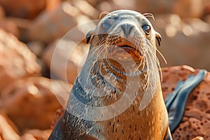 Close up Portrait of a Wild Seal Basking in Sunlight on Rocky Terrain with Expressive Face and Whiskers