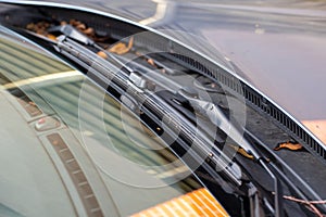 A close up portrait of a windshield wiper of a car standing at its lowest of base position and the blade is resting on the glass