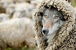 Close-up portrait of a wolf disguised in sheep\'s skin near a quiet flock, trying to deceit one of the sheep