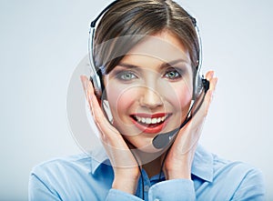 Close Up Portrait. Woman call center operator. Bus