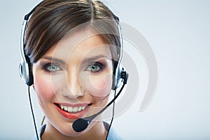 Close Up Portrait. Woman call center operator. Business woman w