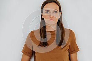 Close up portrait of a woman, no emotion, half length