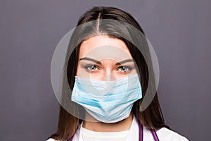 Close up portrait of a woman surgeon or doctor with mask ready for operation in hospital or clinic.