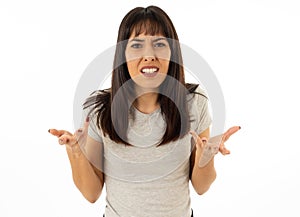 Desperate young attractive woman with angry face looking furious. Human expressions and emotions photo