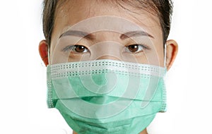 Close up portrait of young beautiful and attractive Asian Korean woman wearing blue protective face mask looking to the camera