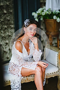 Close-up portrait of young beautiful bride preparing to wedding ceremony