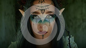 close-up portrait of a young beautiful girl with an image for halloween. elven princess with a crown of cones on her