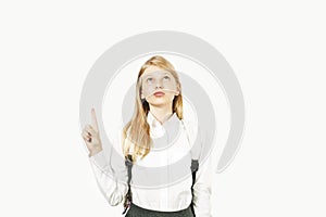 Young beautiful teenager model girl posing over white isolated background showing emotional facial expressions.