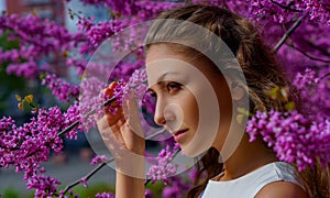 Close up portrait of young beautiful woman with brown hair in white dress poses elegant in blossom pink Judas tree