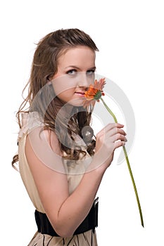 Close up portrait of young beautiful woman with fl