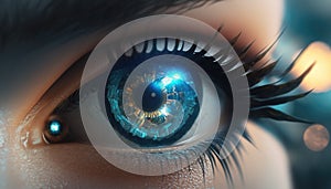 Close-up portrait of young and beautiful woman with the virtual hologram on her eyes