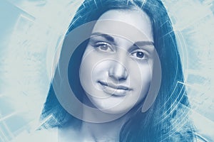 Close-up portrait of young and beautiful woman with the virtual hologram on her eyes laser medicine and security