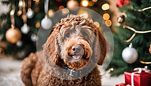 Close up portrait of a young brown labradoodle dog is proudly