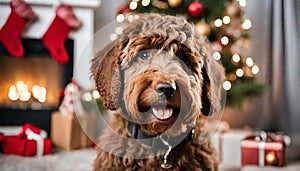 Close up portrait of a young brown labradoodle dog is proudly