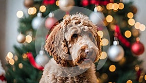 Close up portrait of a young brown labradoodle dog is proudly