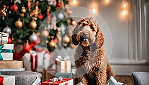 Close up portrait of a young brown labradoodle dog is proudly