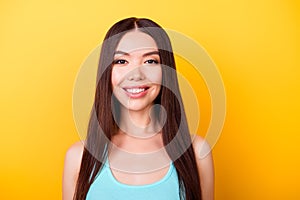 Close up portrait of young charming asian lady, standing on the