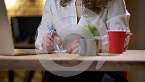 Close-up portrait of young curly-haired woman attentively working with laptop and making notes into notebook in office.