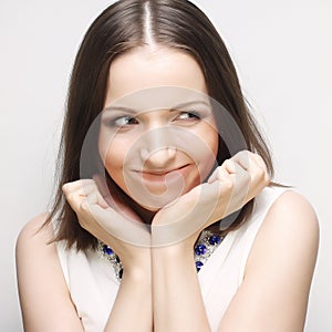 Close up portrait young emotional woman