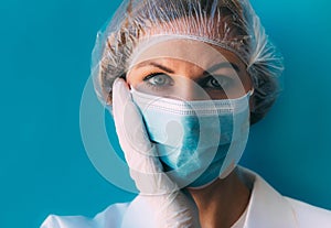 Close-up portrait of young female doctor in medical cap, mask, white gown and gloves on blue background.