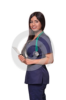 Close up portrait of young indian doctor woman with stethoscope around neck isolated on white background