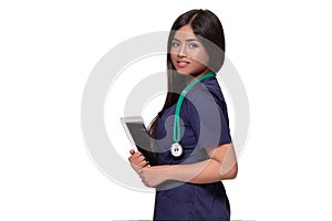 Close up portrait of young indian doctor woman with stethoscope around neck isolated on white background